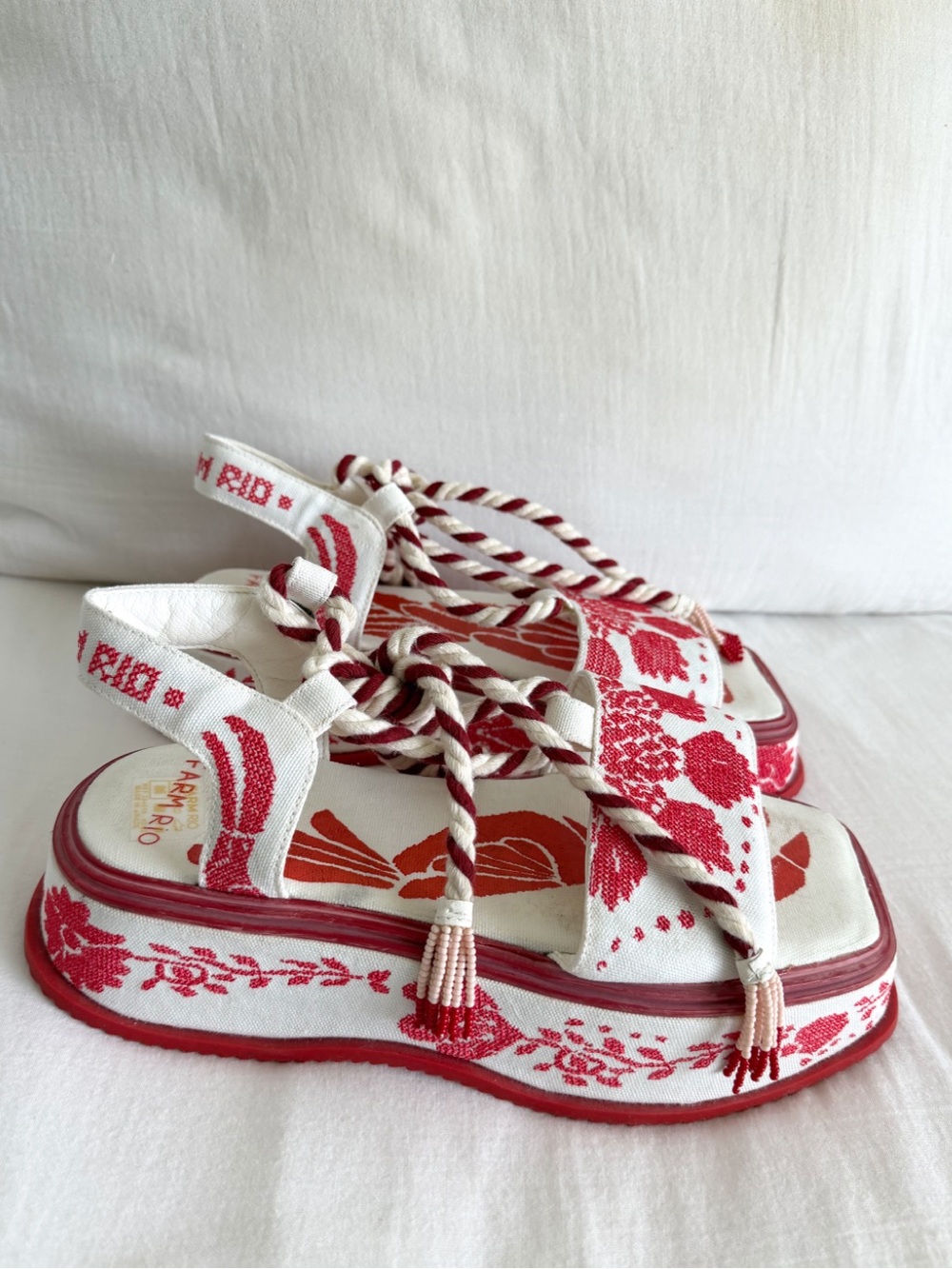 Farm Rio Red & White Embroidered Platform Sandal - Picture 2 of 8